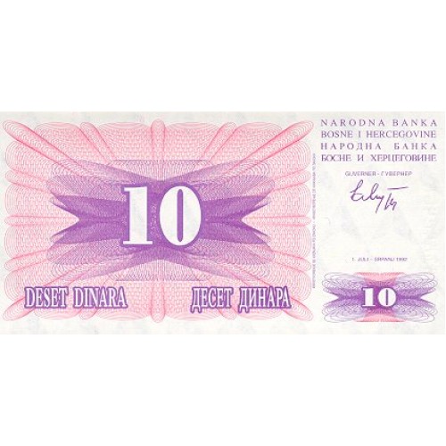 1992 -  Bosnia Herzegovina PIC 10a billete de 10 Dinara