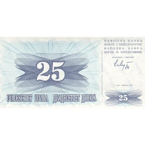 1992 -  Bosnia Herzegovina PIC 11a  billete de 25 Dinara