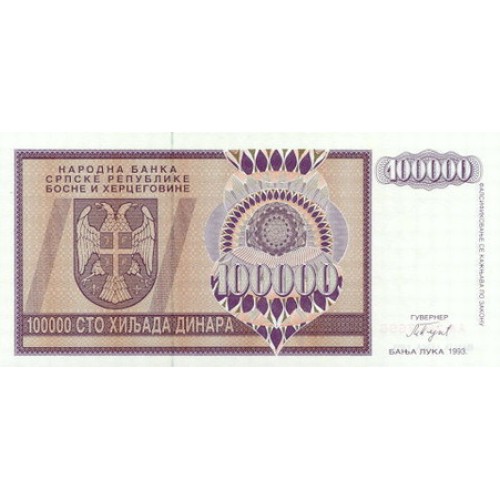1993 -  Bosnia Herzegovina PIC 141a billete de 100.000 Dinara