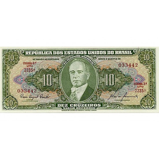 1960 - Brazil P159c 10 Cruceiros banknote 1960 - Brazil P159c 10 Cruceiros banknote