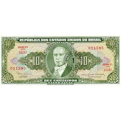 1967 - Brazil P183b 1 centavo on 10 Cruzeiros banknote
