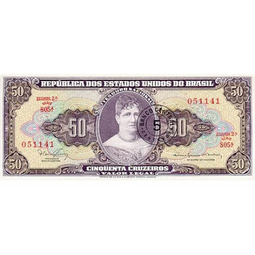1967 - Brazil P184b 5 centavos on 50 Cruzeiros banknote