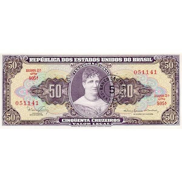 1966 - Brazil P184a 5 centavos on 50 Cruceiros banknote