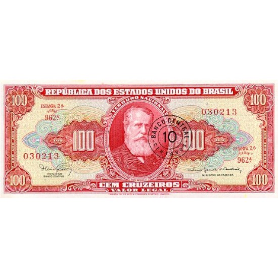 1967 - Brazil P185a 10 centavos on 100 Cruceiros banknote 1967 - Brazil P185a 10 centavos on 100 Cruceiros banknote