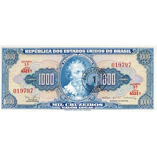 1967 - Brazil P187b 1 Cruceiro Novo on 1000 Cruceiros banknote 1967 - Brazil P187b 1 Cruceiro Novo on 1000 Cruceiros banknote