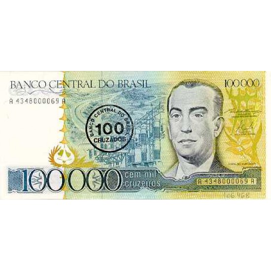 1986 - Brazil P208 100 cruzados en 100,000 cruceiros banknote 1986 - Brazil P208 100 cruzados en 100,000 cruceiros banknote