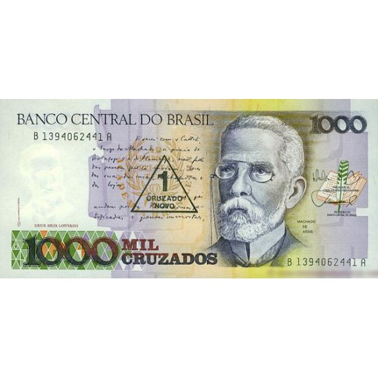 1989 - Brasil P216b 1 cruzado novo on 1,000 cruzados banknote 1989 - Brasil P216b 1 cruzado novo on 1,000 cruzados banknote