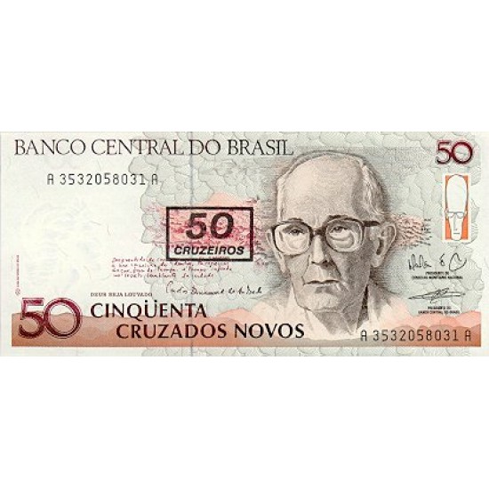 1990 - Brazil P223 50 cruceiros on 50 cruzados novos banknote 1990 - Brazil P223 50 cruceiros on 50 cruzados novos banknote