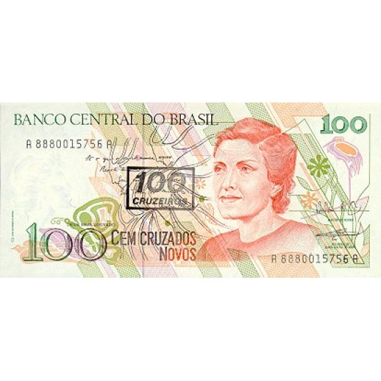1990 - Brazil P224b 100 cruceiros on 100 cruzados novos banknote 1990 - Brazil P224b 100 cruceiros on 100 cruzados novos banknote