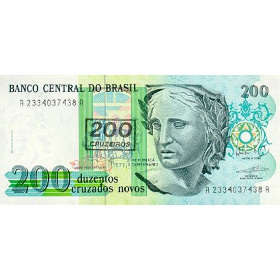 1990 - Brazil P225b 200 cruceiros on 200 cruzados novos banknote 1990 - Brazil P225b 200 cruceiros on 200 cruzados novos banknote