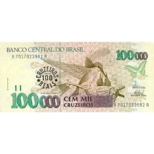 1993 - Brazil P238 100 cruzeiros reais on 100,000 cruzeiros banknote