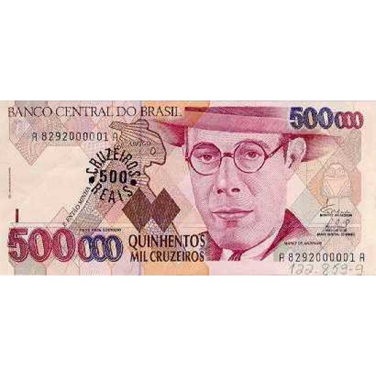 1993 - Brazil P239a 500 cruceiros reais on 500000 cruceiros banknote 1993 - Brazil P239a 500 cruceiros reais on 500000 cruceiros banknote