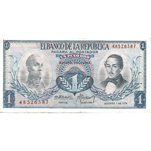 1974 - Colombia P404e billete de 1 Peso Oro MBC
