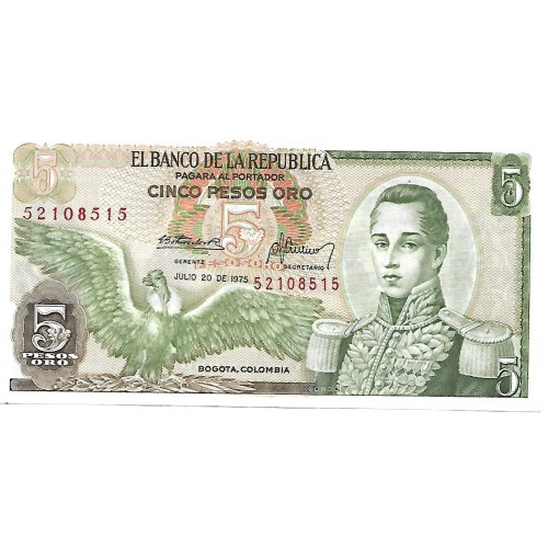 1975 - Colombia P406e billete de 5 Pesos Oro EBC
