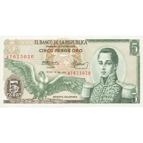 1977 - Colombia P406e billete de 5 Pesos Oro