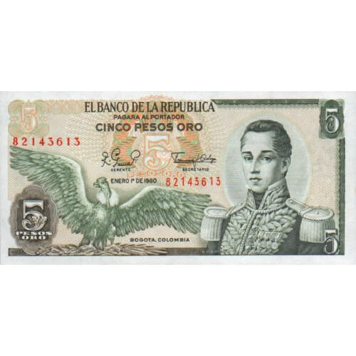 1980 - Colombia P406f billete de 5 Pesos Oro