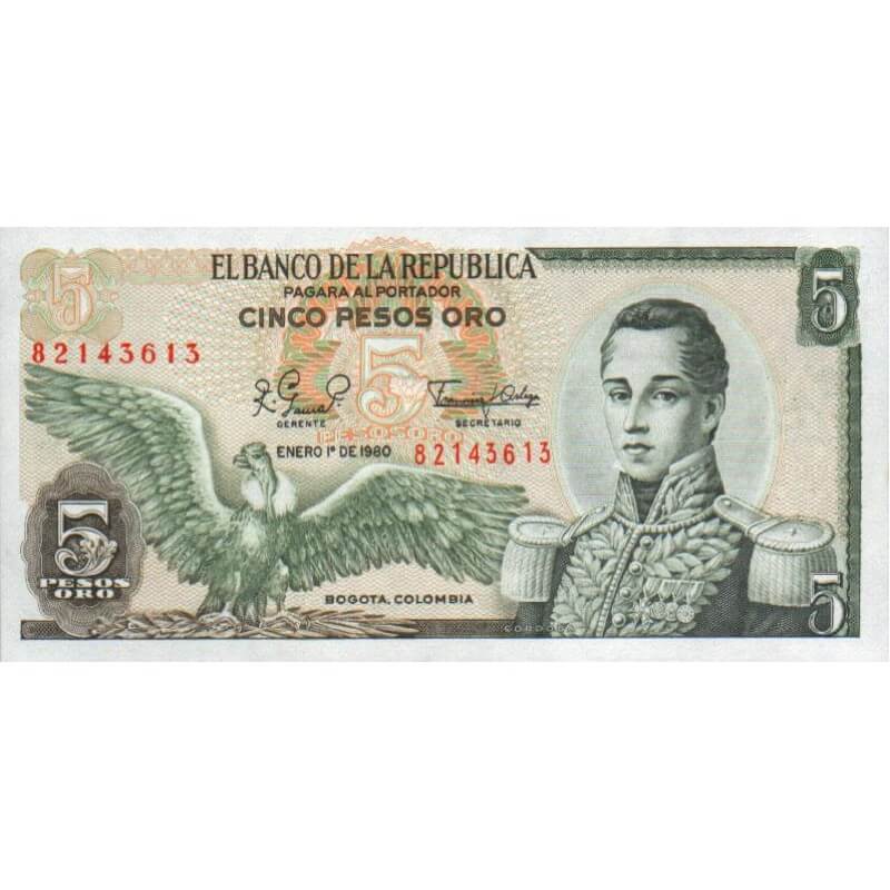 Banknote 5 pesos oro of Colombia year 1980 P406f