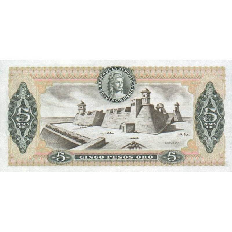 Banknote 5 pesos oro of Colombia year 1980 P406f