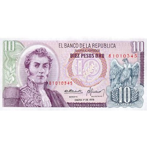 1980 - Colombia P407g billete de 10 Pesos Oro