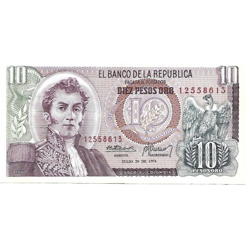 1974 - Colombia P407f billete de 10 Pesos Oro EBC