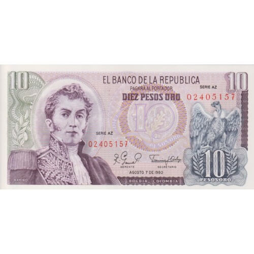 1980 - Colombia P407h 10 Pesos Oro banknote