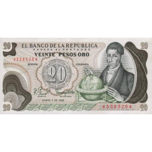 1983 - Colombia P409d billete de 20 Pesos Oro