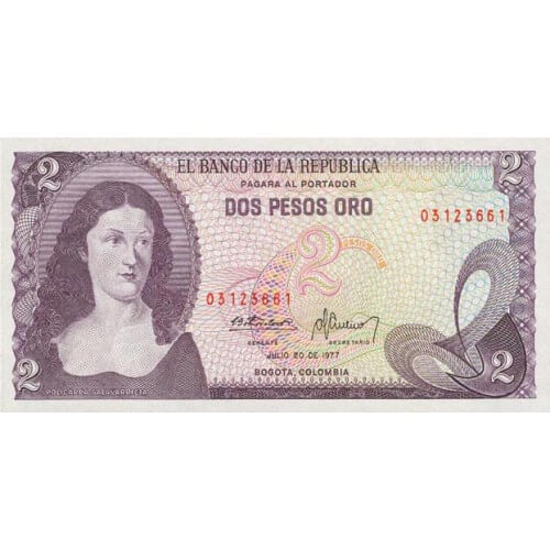 1977 - Colombia P413b billete de 2 Pesos Oro