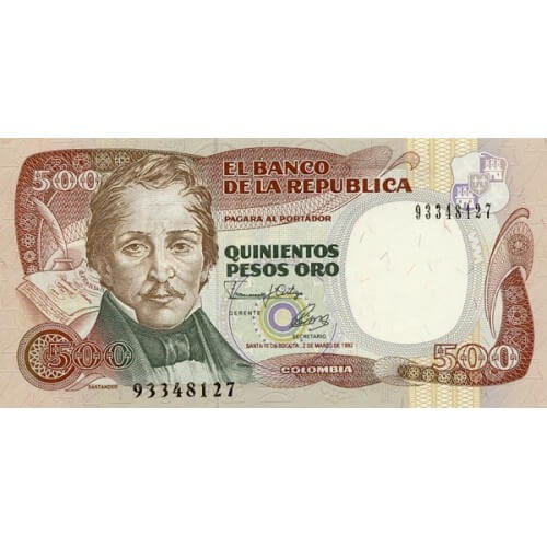 1992 - Colombia P431A billete de 500 Pesos Oro