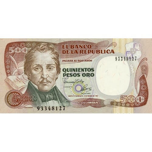 1992 - Colombia P431A 500 Pesos Oro banknote