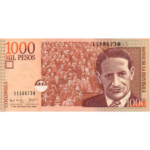 2001 - Colombia P450a billete de 1.000 Pesos Oro