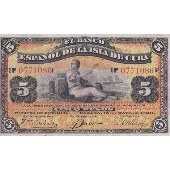1896 - Cuba Pic 48b 5 Pesos (VF) banknote 1896 - Cuba Pic 48b 5 Pesos (VF) banknote
