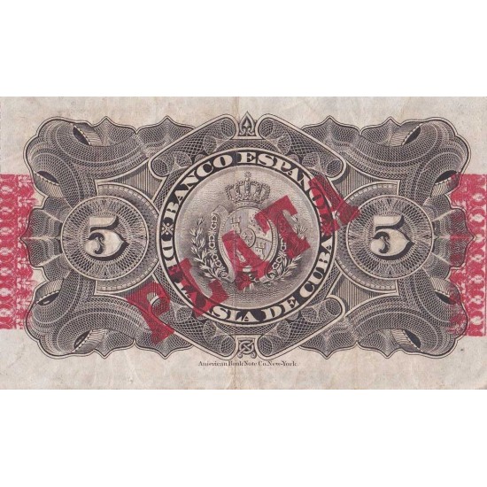 1896 - Cuba Pic 48b 5 Pesos (VF) banknote 1896 - Cuba Pic 48b 5 Pesos (VF) banknote