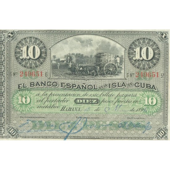 1896 - Cuba Pic 49 10 Pesos banknote (VF) 1896 - Cuba Pic 49 10 Pesos banknote (VF)