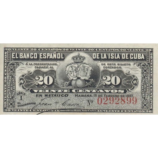 1897 - Cuba P53 20 Centavos banknote 1897 - Cuba P53 20 Centavos banknote