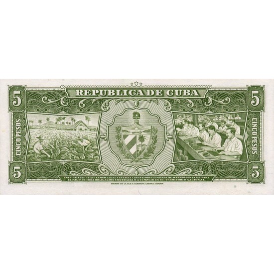 1958 - Cuba P91a 5 Pesos (VF) used banknote 1958 - Cuba P91a 5 Pesos (VF) used banknote
