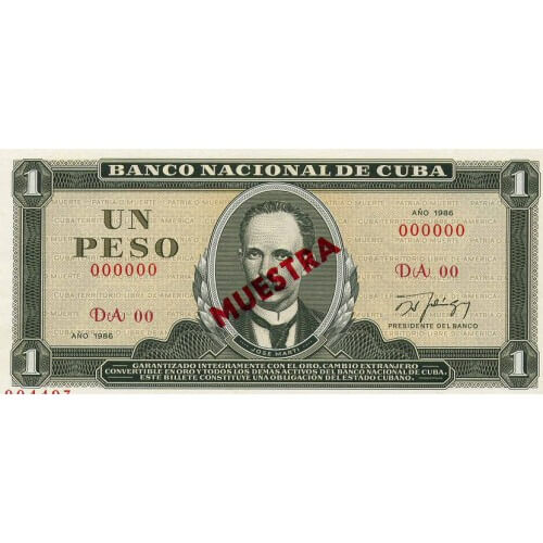 1982 - Cuba P102b billete de 1 Peso Specimen Muestra