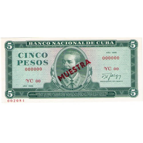 1986 - Cuba P103c cs  billete de 5 Pesos (Muestra)
