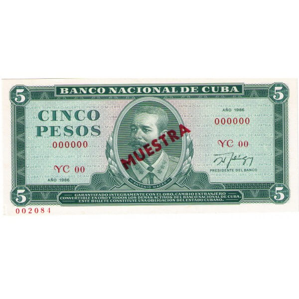 1986 - Cuba P103c cs 5 Pesos  (Muestra)  banknote