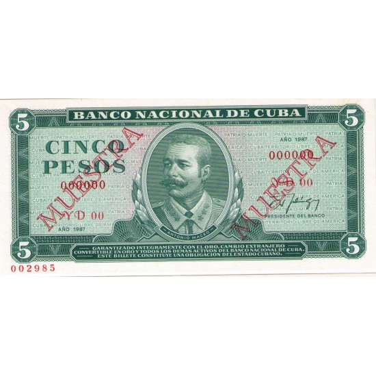 1987 - Cuba P103c cs 5 Pesos (Muestra) banknote 1987 - Cuba P103c cs 5 Pesos (Muestra) banknote