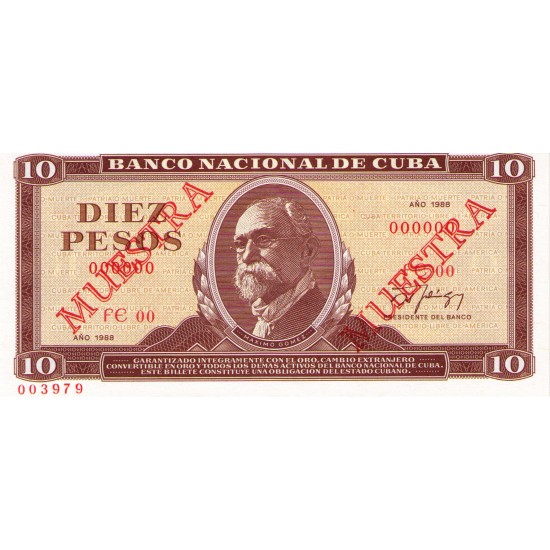 1989 - Cuba P104d 10 Pesos banknote Specimen 1989 - Cuba P104d 10 Pesos banknote Specimen
