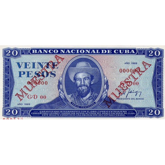 1985 - Cuba P105c 20 Pesos banknote Specimen Muestra 1985 - Cuba P105c 20 Pesos banknote Specimen Muestra