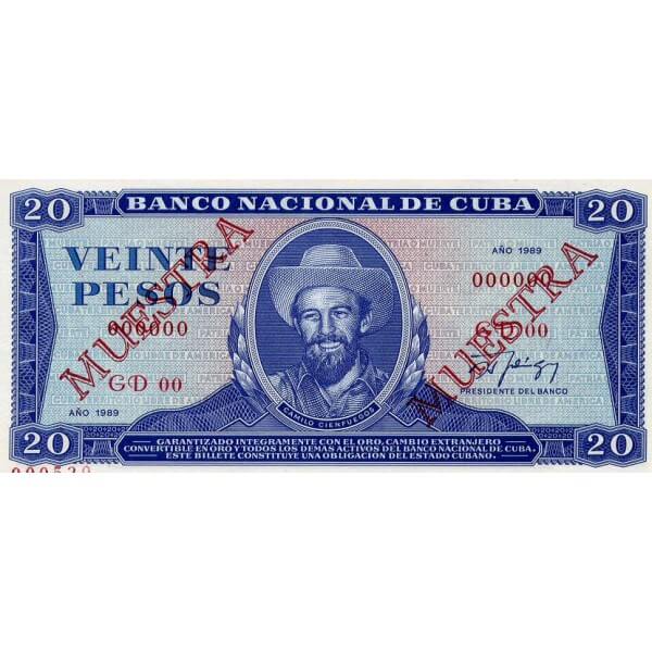 1985 - Cuba P105c  20 Pesos banknote  Specimen Muestra