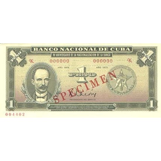 1975 - Cuba P106s 1 Peso banknote Specimen 1975 - Cuba P106s 1 Peso banknote Specimen
