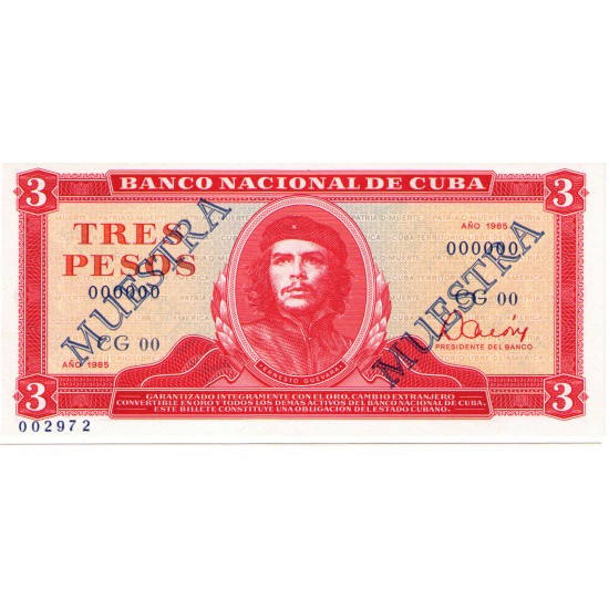 1985 - Cuba P107 3 Pesos banknote Specimen Muestra 1985 - Cuba P107 3 Pesos banknote Specimen Muestra