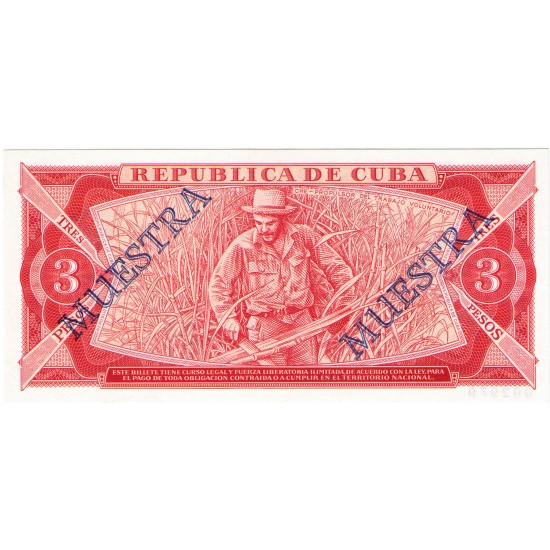1985 - Cuba P107 3 Pesos banknote Specimen Muestra 1985 - Cuba P107 3 Pesos banknote Specimen Muestra