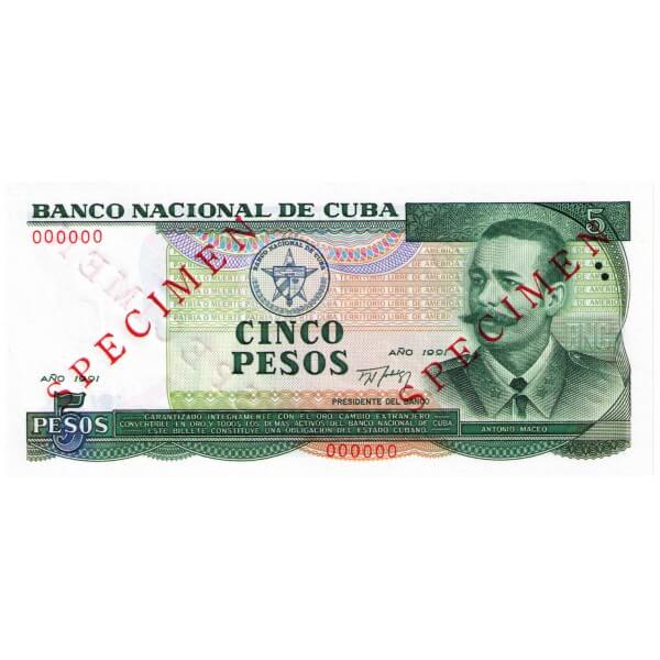 1991 - Cuba P108s 5 Pesos Specimen banknote