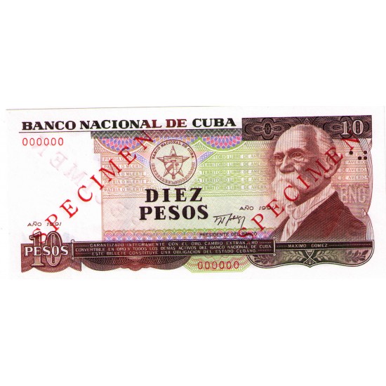 1991 - Cuba P109s 10 Pesos Specimen banknote 1991 - Cuba P109s 10 Pesos Specimen banknote