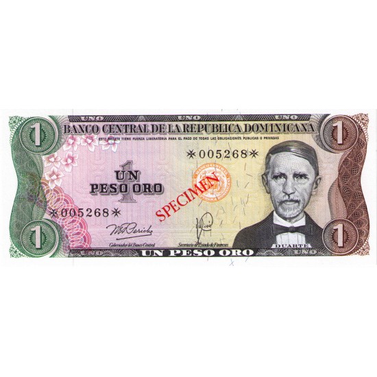1978 - Dominican Republic P116cs4 1 Peso Oro Specimen banknote 1978 - Dominican Republic P116cs4 1 Peso Oro Specimen banknote