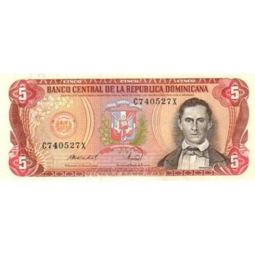 1988 - República Dominicana P118c billete 5 Pesos Oro
