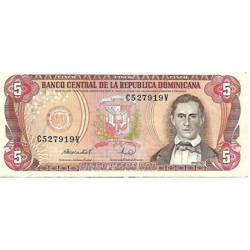 1988 - República Dominicana P118c billete 5 Pesos Oro MBC
